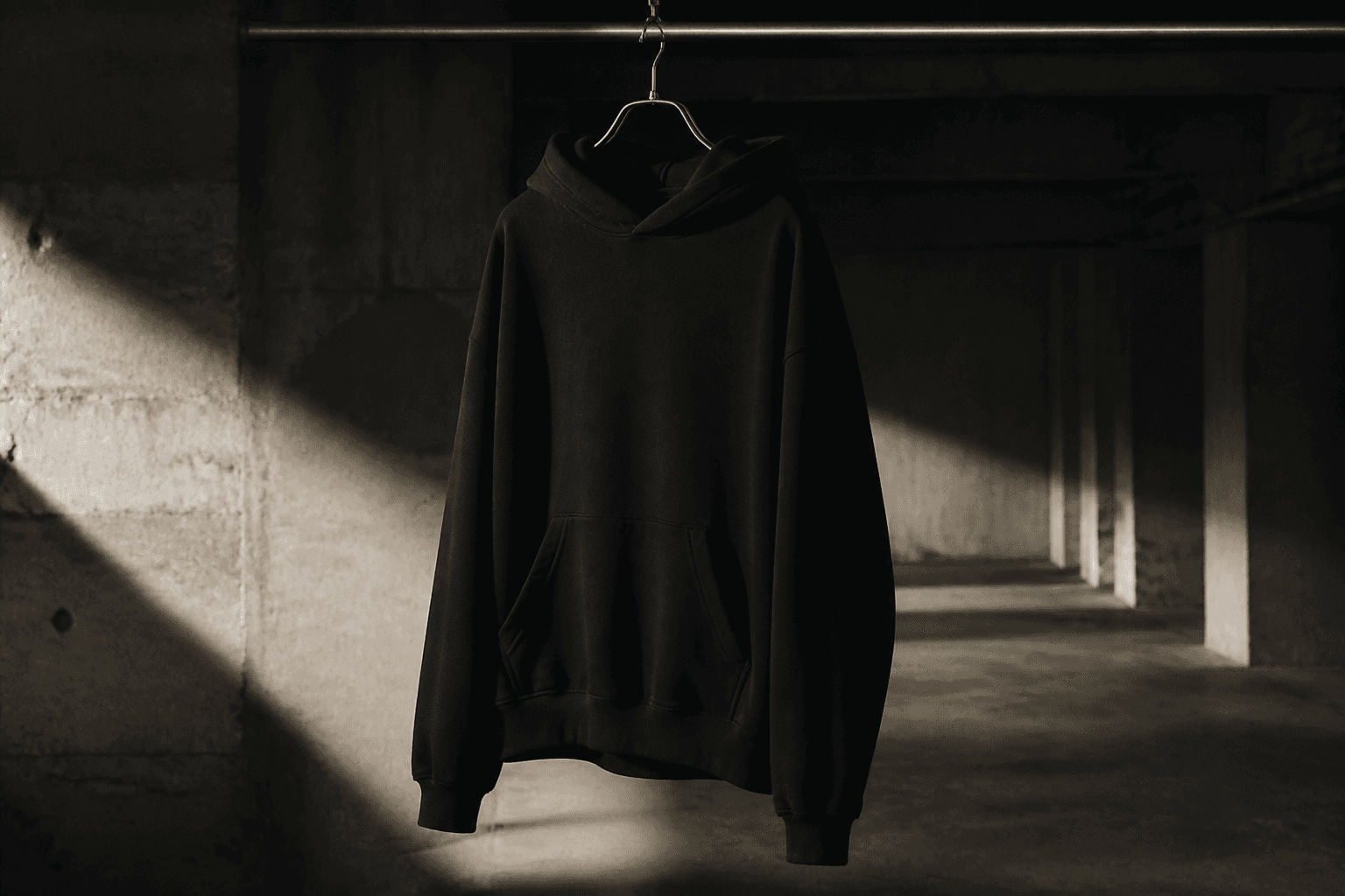 Black hoodie in studio.