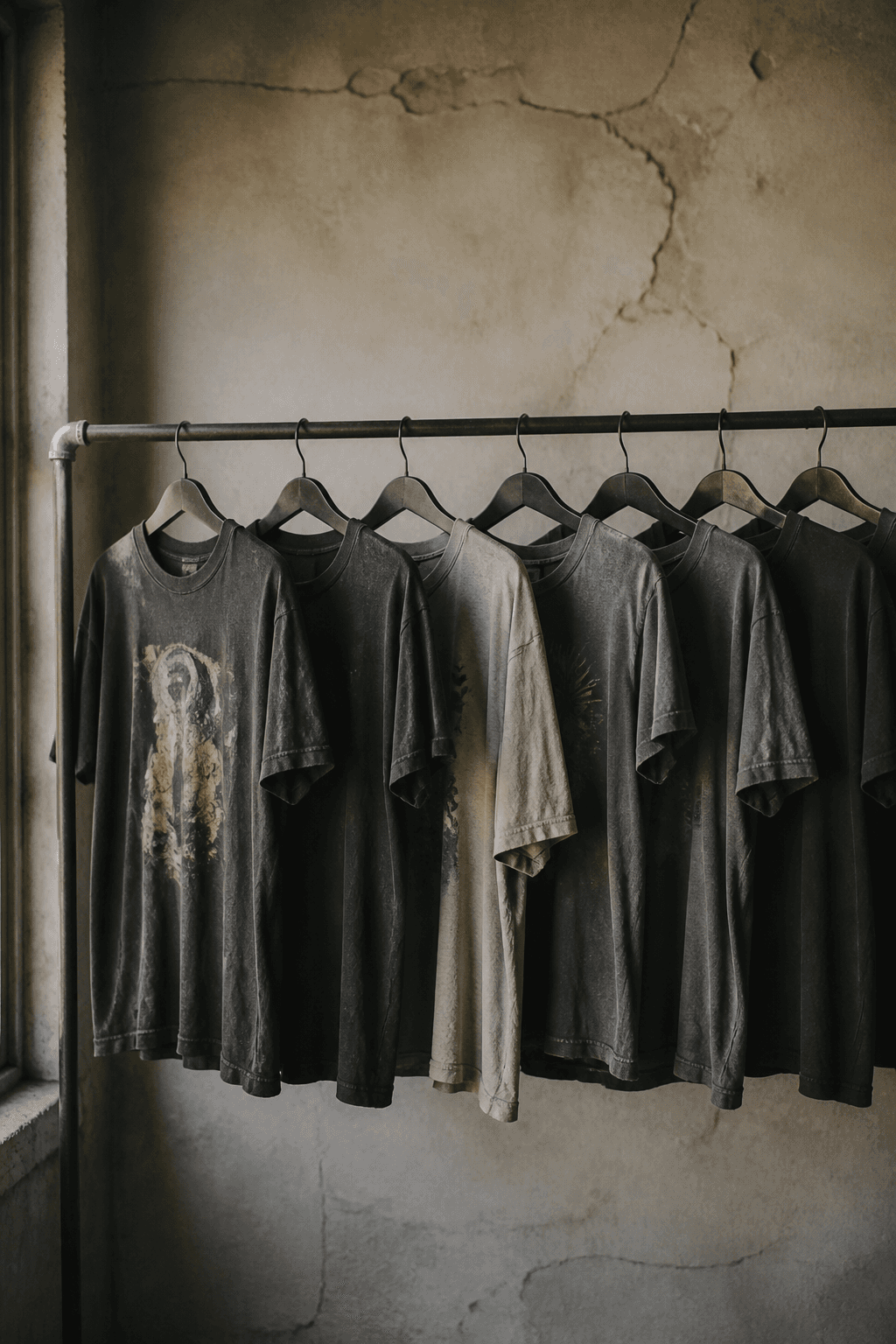 Faded tour t-shirts on a rack.