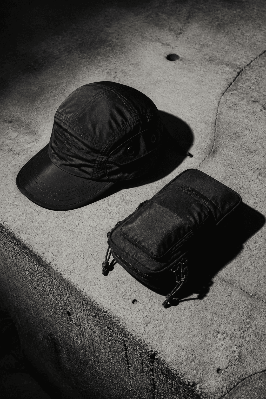 Black cap and nylon pouch.