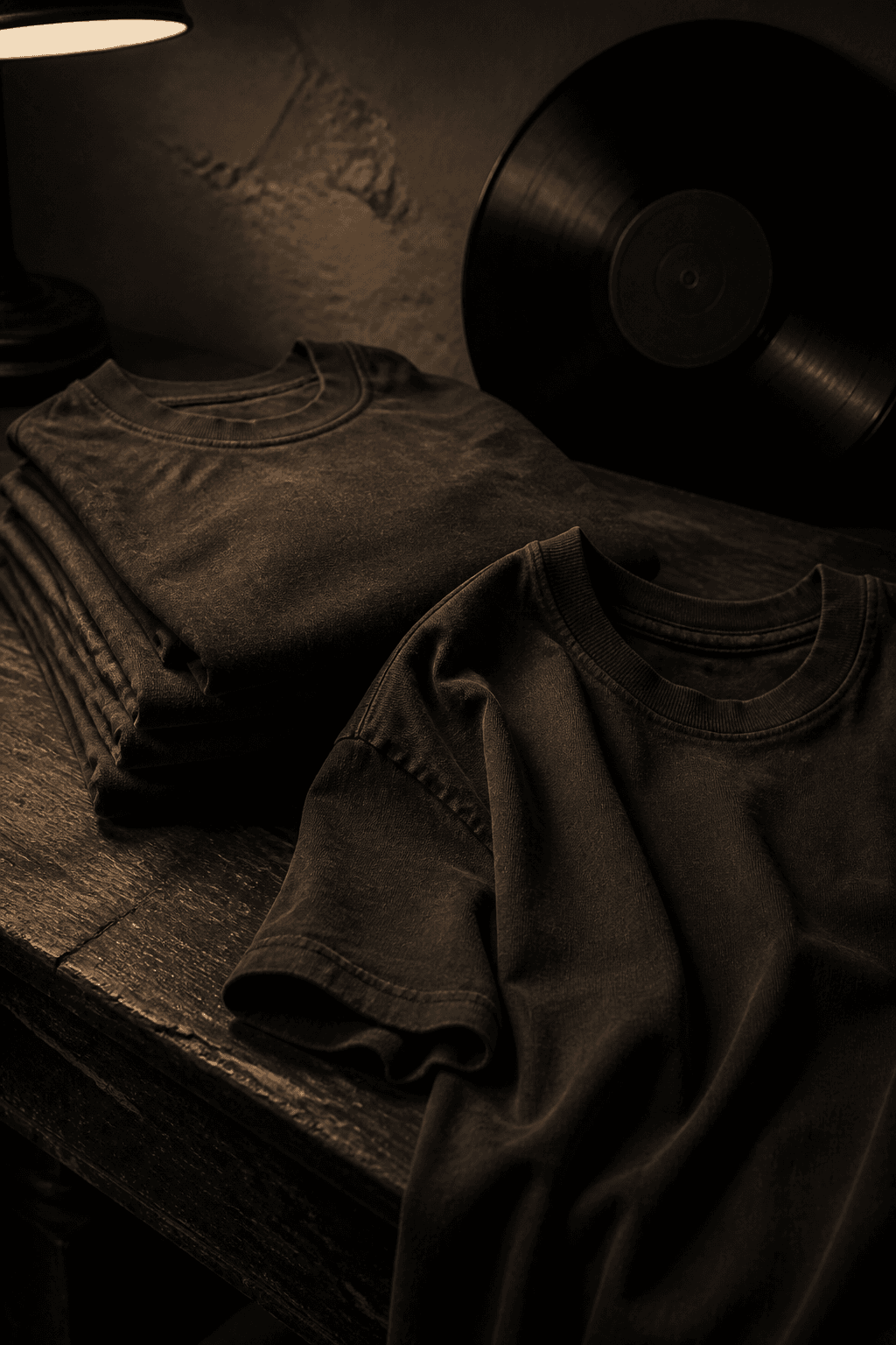 Stacked charcoal t-shirts and a vinyl record.
