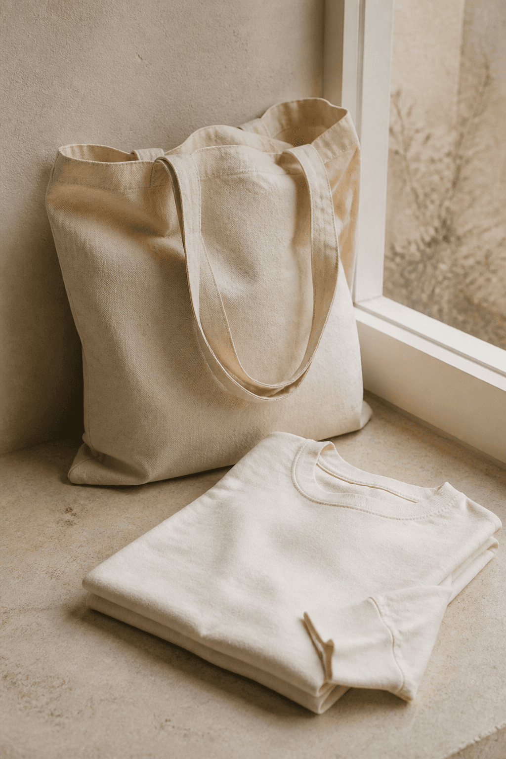 Cream tote and folded long-sleeve by a window.